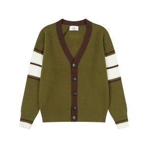 Ami Olive Cardigan with Brown and White Stripes